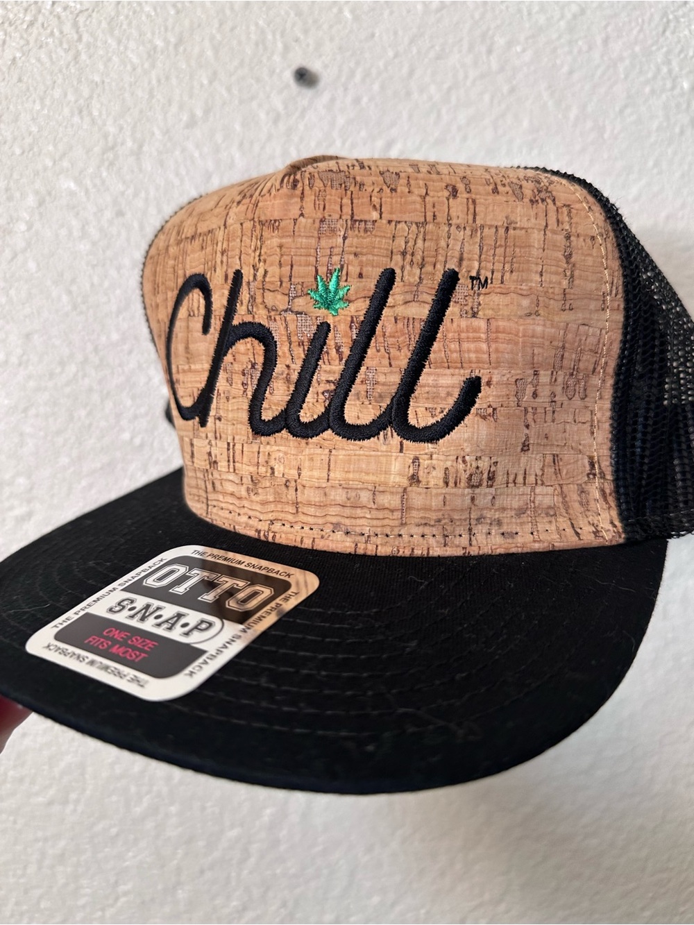 OTTO Cork-Style Trucker Cap with Black Brim and Green Leaf